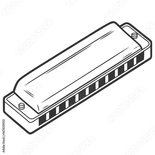 A black and white line drawing illustration of a harmonica viewed from a slightly elevated angle