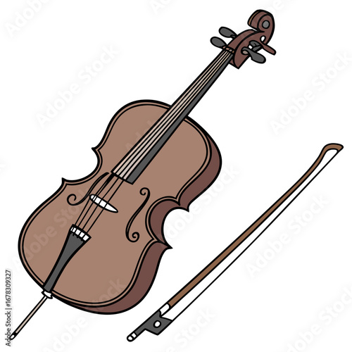 A classic brown cello with a bow depicted in a simple clean illustration style on a white background
