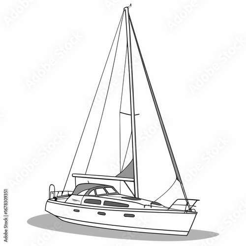 A clean line drawing illustration of a modern sailing yacht with white sails and a grey hull