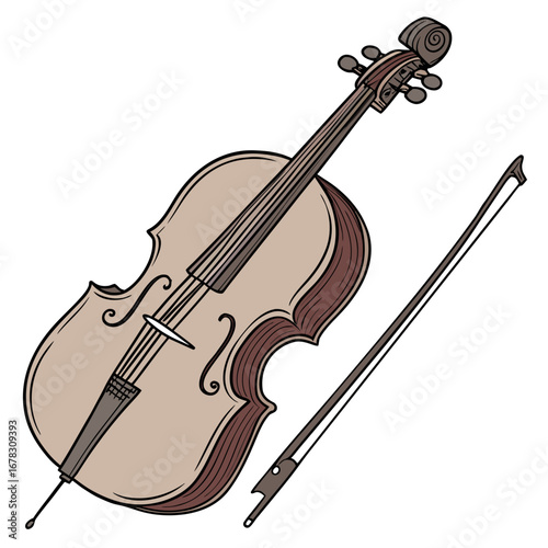A detailed illustration of a cello and its bow presented on a clean white background ready for use