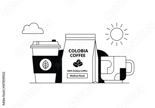 Coffee bag and cups with sun and cloud graphic, black and white outline illustration