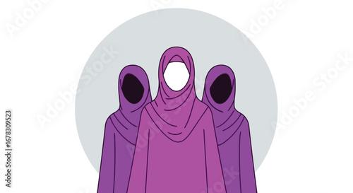 Three women wearing purple hijabs and abayas standing together