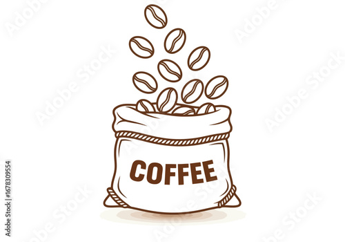Coffee beans falling into a sack with the word coffee on it