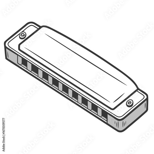 A simple black and white illustration of a harmonica musical instrument on a white background
