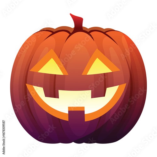 Halloween pumpkin illustration with happy carved glowing face, festive jack o lantern vector for october holiday, autumn celebration and spooky party decoration design