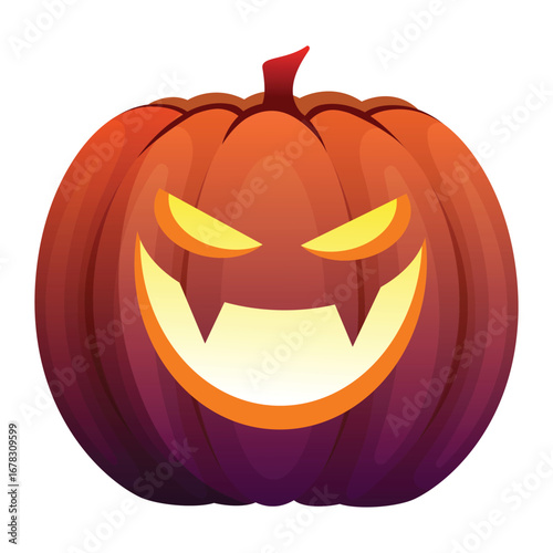 Halloween angry pumpkin illustration, scary jack o lantern with glowing eyes and mouth, creepy horror face for october festival, autumn holiday decoration vector design