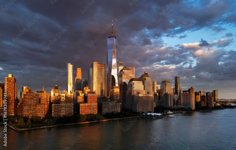 Fototapeta premium New York City photo from drone. Aerial view of New York city skyline in Manhattan. NYC, NY. American city. Manhattan skyline. Skyline of New York City. Cityscape of NYC. Famous landmarks of New York.