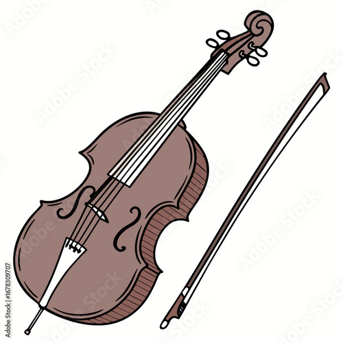 A simple illustration of a cello and its bow on a white background