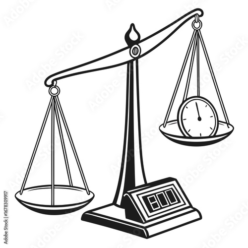 Balance scales with a clock on one side and an empty pan on the other symbolizing time management and efficiency