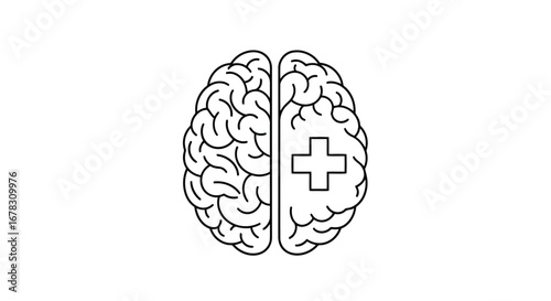 Stylized brain illustration with a medical cross on one hemisphere
