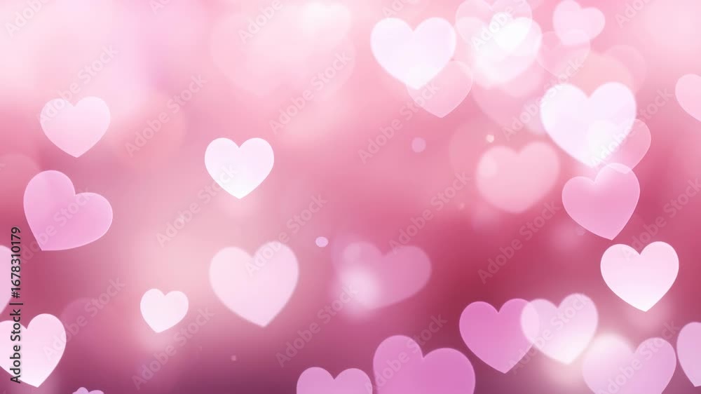 Romantic video background with a soft focus on pink hearts. The bokeh effect creates a dreamy atmosphere from a straight-on camera angle. Live desktop wallpaper.