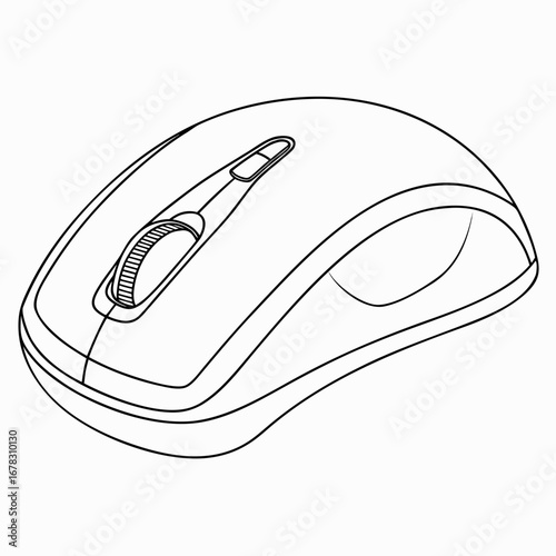 Clean black and white line drawing of a modern wireless computer mouse with a scroll wheel