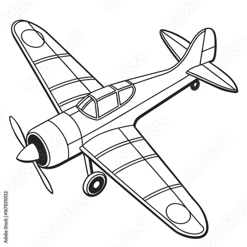 Classic world war ii era fighter airplane depicted as a simple black and white line drawing illustration