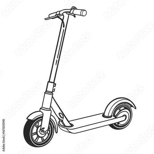 Clean line art illustration of a modern electric scooter with handlebars and wheels on a white background