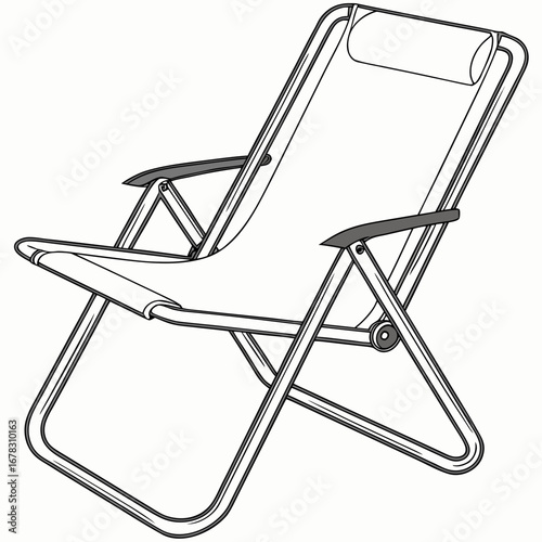 Clean line drawing illustration of a modern folding lounge chair with a headrest and armrests