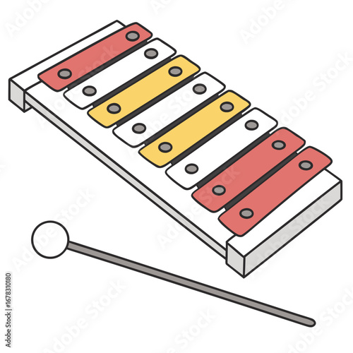 Colorful toy xylophone with a mallet isolated on a white background in a simple isometric illustration