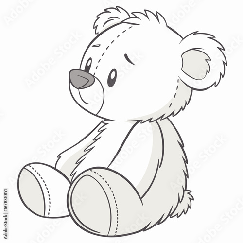 Cute cartoon teddy bear sitting and looking to the side with a gentle smile on a white background