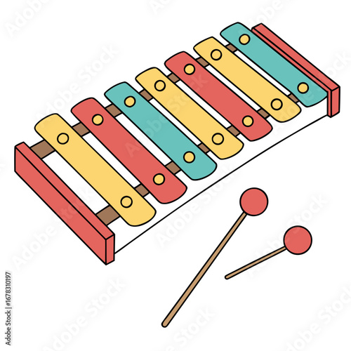 Colorful wooden xylophone with two mallets isolated on a white background for children s music education