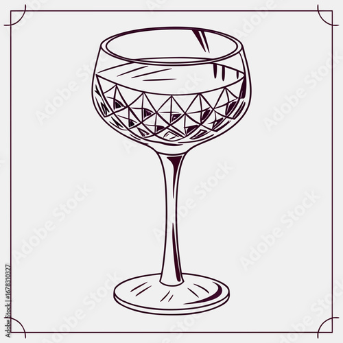 Elegant line art illustration of a crystal cocktail glass filled with liquid on a light background