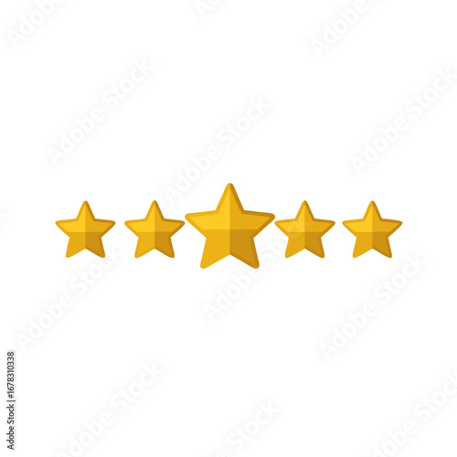 Crisp vector illustration of a five-star rating system, golden stars arranged in a straight horizontal line, flat yet slightly glossy style, ideal for reviews, feedback, or quality rating designs.