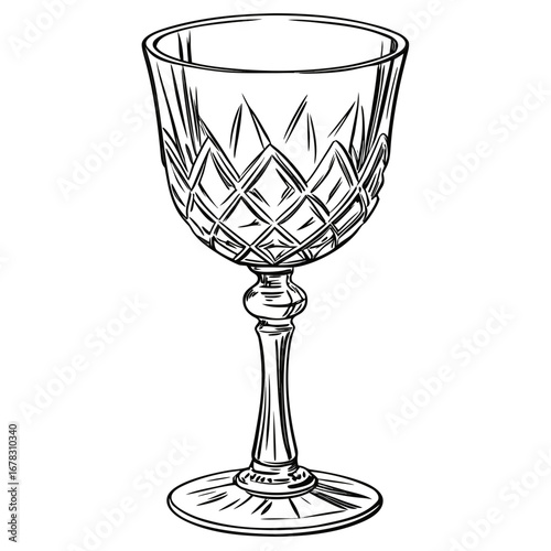 Elegant crystal wine glass with intricate diamond cut pattern and slender stem on a white background