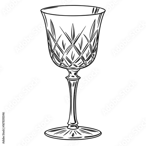 Elegant crystal wine glass with intricate cut glass pattern and delicate stem on a white background