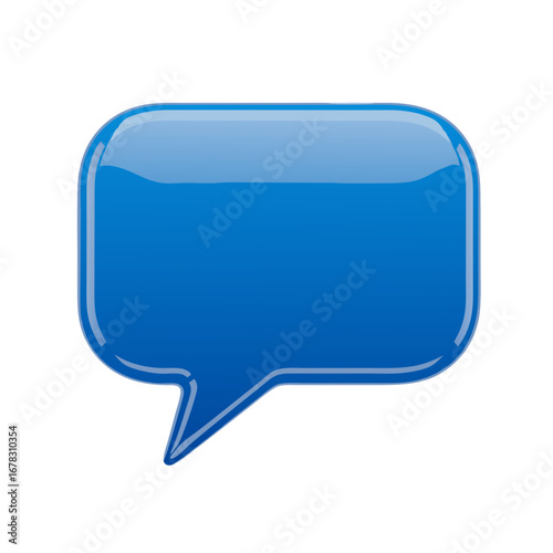 Glossy vector chat bubble icon in deep blue color, with rounded corners and reflection highlights, designed as a messaging or communication symbol, isolated on white background