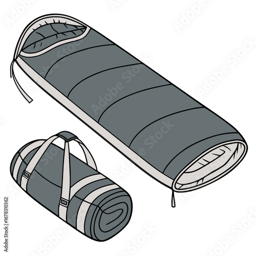 Gray sleeping bag and rolled up sleeping mat with handles isolated on white background