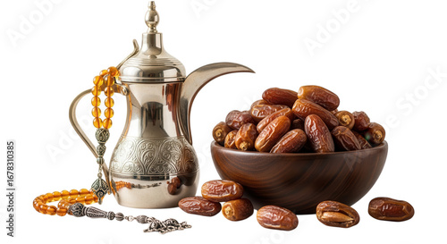 Ramadan dates and arabic coffee pot still life photography isolated on transparent background