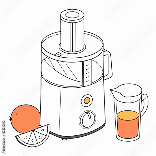 Modern electric juicer with fresh oranges and a pitcher of juice on a white background