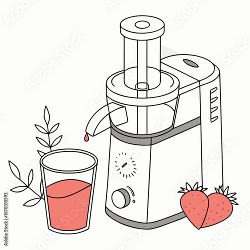 Modern juicer making fresh strawberry juice in a glass with strawberries and leaves
