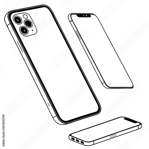 Modern smartphone outline drawing with multiple views showcasing camera and screen design