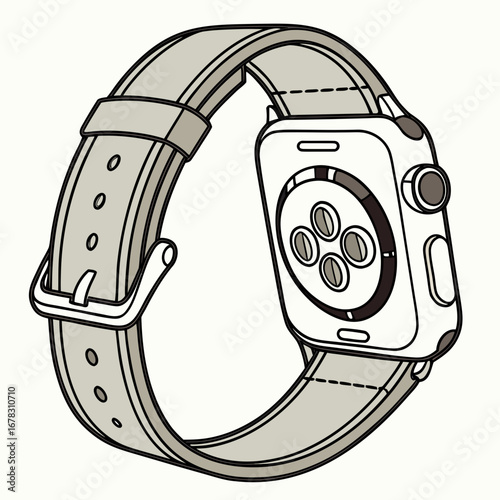 Modern smartwatch with a light gray leather band and silver buckle shown from the back with sensors