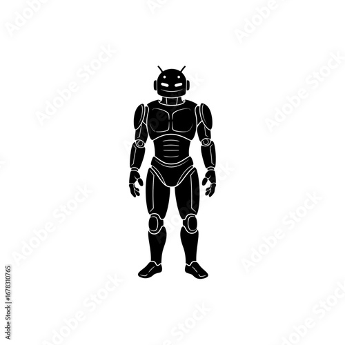 Black silhouette of a humanoid robot standing upright, depicting artificial intelligence and future technology.