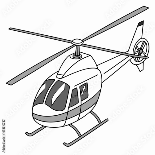 Modern white helicopter with gray accents and rotor blades in flight viewed from a side angle