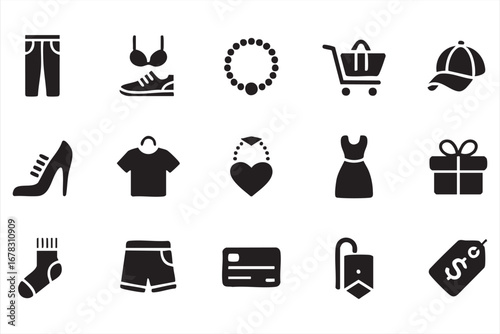 Trendy apparel and fashion icons with shoes jewelry and shopping graphics