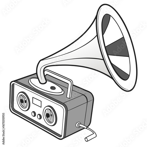 Retro portable gramophone with crank and speakers on a white background stylized illustration