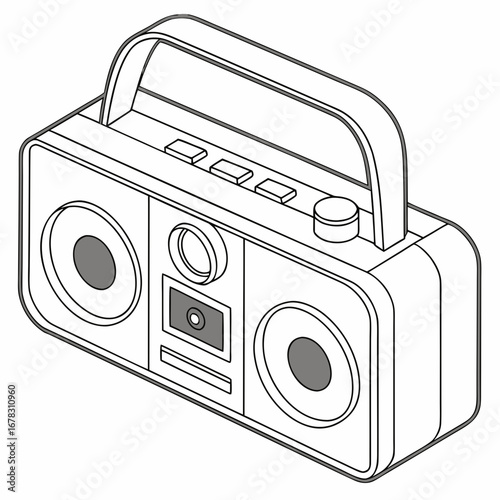 Retro boombox with speakers and controls depicted in a clean isometric line art illustration