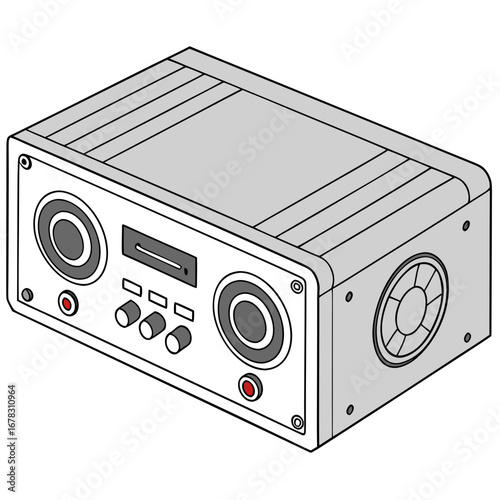 Retro style stereo system with speakers knobs and a digital display in an isometric view
