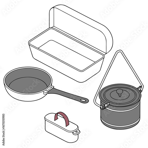Set of camping cookware including a frying pan cooking pot with handle and a food container