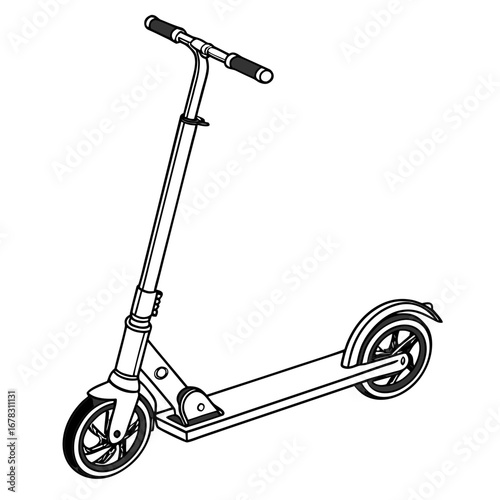Simple black and white line drawing illustration of a modern kick scooter with two wheels and handlebars