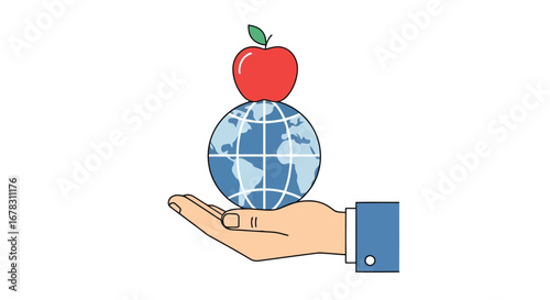 Hand holding an apple on top of a globe, symbolizing global education or knowledge