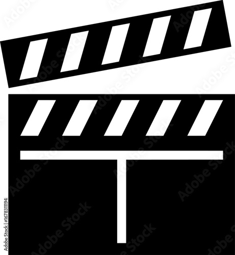 Movie clapperboard icon vector illustration, black film slate or clapboard symbol for cinema, filmmaking, and video production design. 