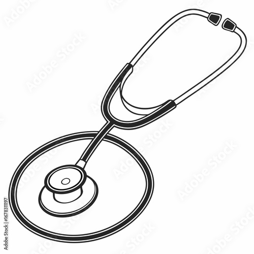 Simple black and white outline illustration of a medical stethoscope on a white background