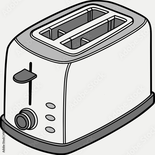 Simple line art illustration of a modern two slice white and gray toaster with a lever and dial