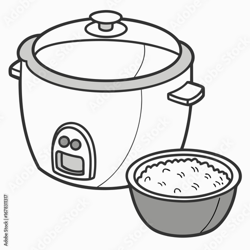 Simple line art illustration of a modern rice cooker with a bowl of fluffy white rice next to it