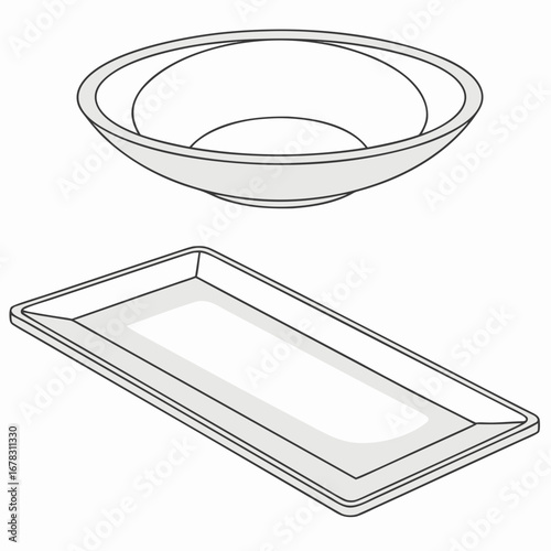 Simple line art illustration of a white ceramic serving bowl and a rectangular serving tray