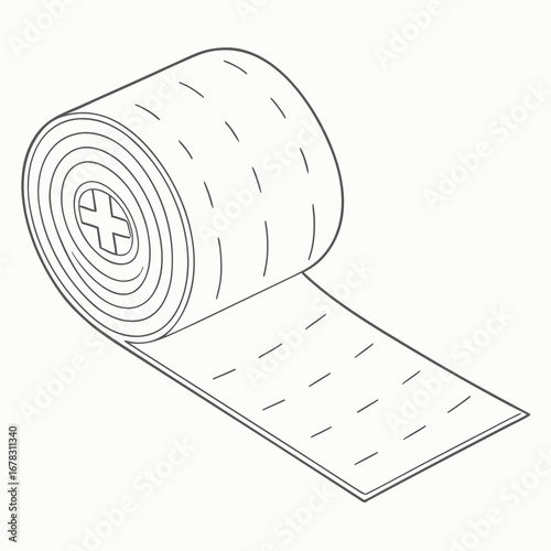 Simple line drawing illustration of a medical bandage roll with a cross symbol on the end