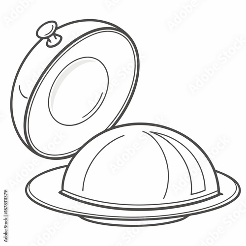 Simple line drawing of a cloche dome serving dish with lid open on a plate