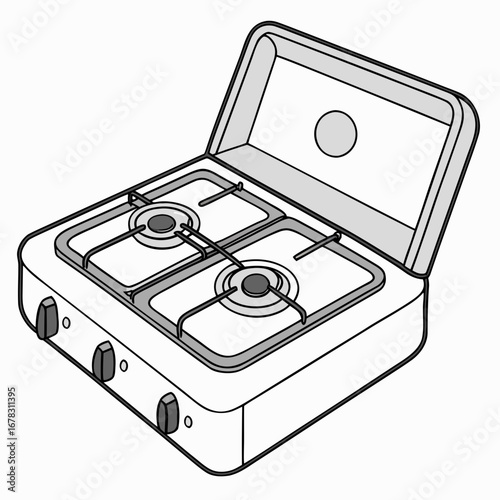 Simple line drawing illustration of a portable two burner gas stove with the lid open